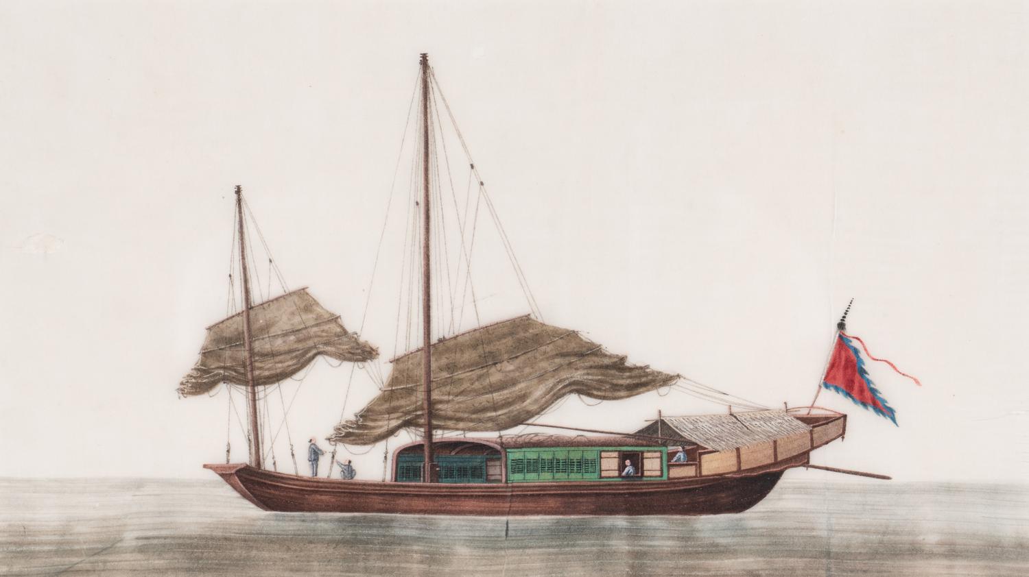 A Set of Eight Chinese Export Pith Paintings, Late Qing Dynasty 清晚期 通草畫船隻圖鏡框八幅