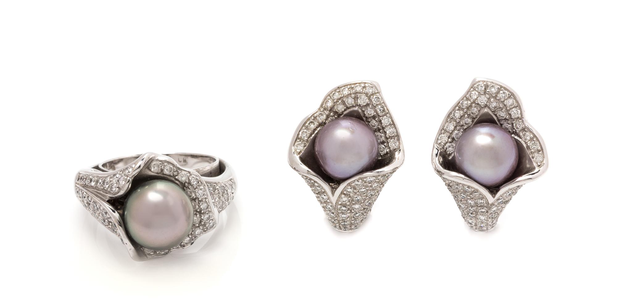 An 18 Karat White Gold, Cultured Pearl and Diamond Demi Parure, 12.30 dwts.