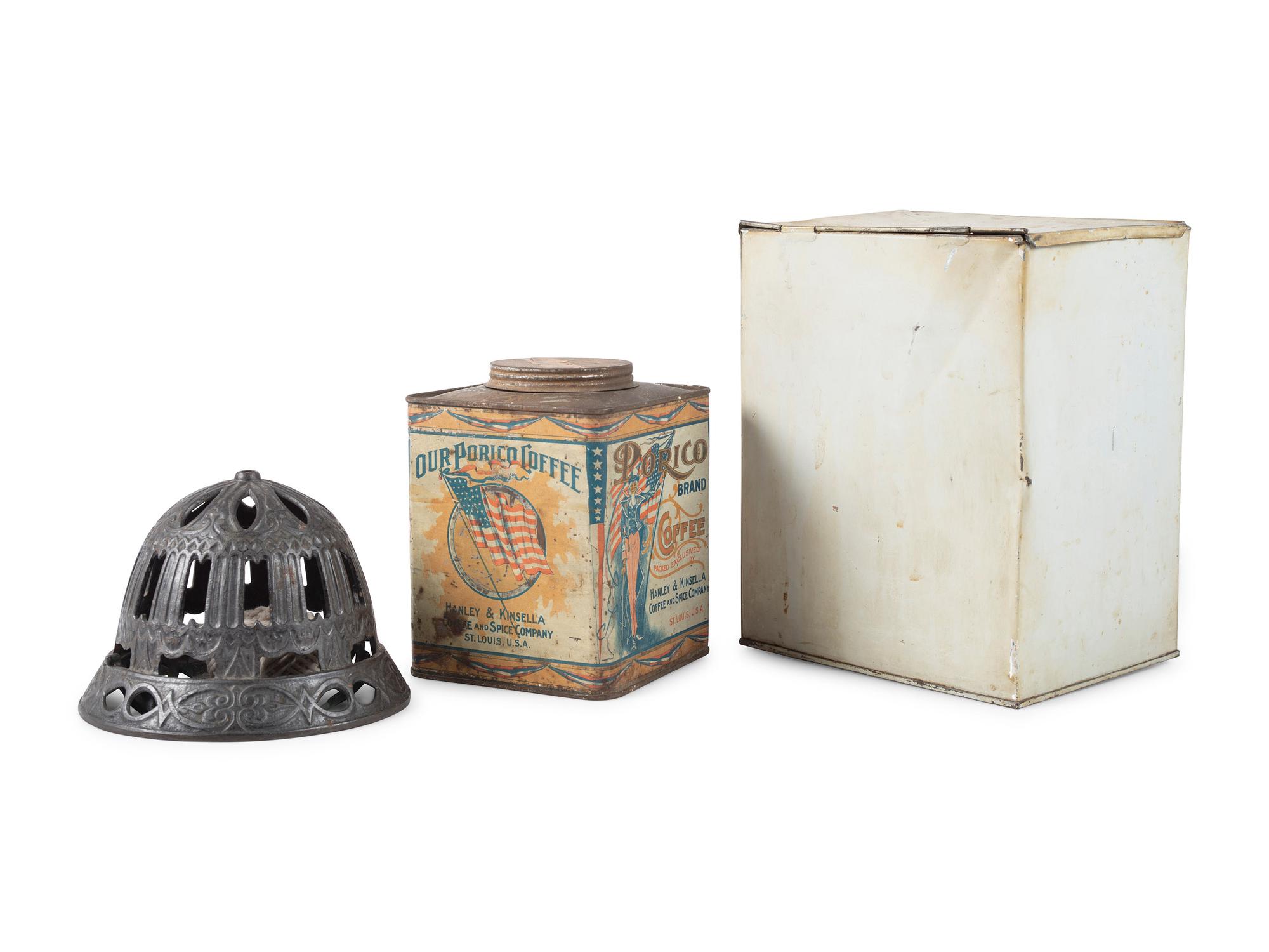 A Cast Iron String Holder and Two Advertising Tins