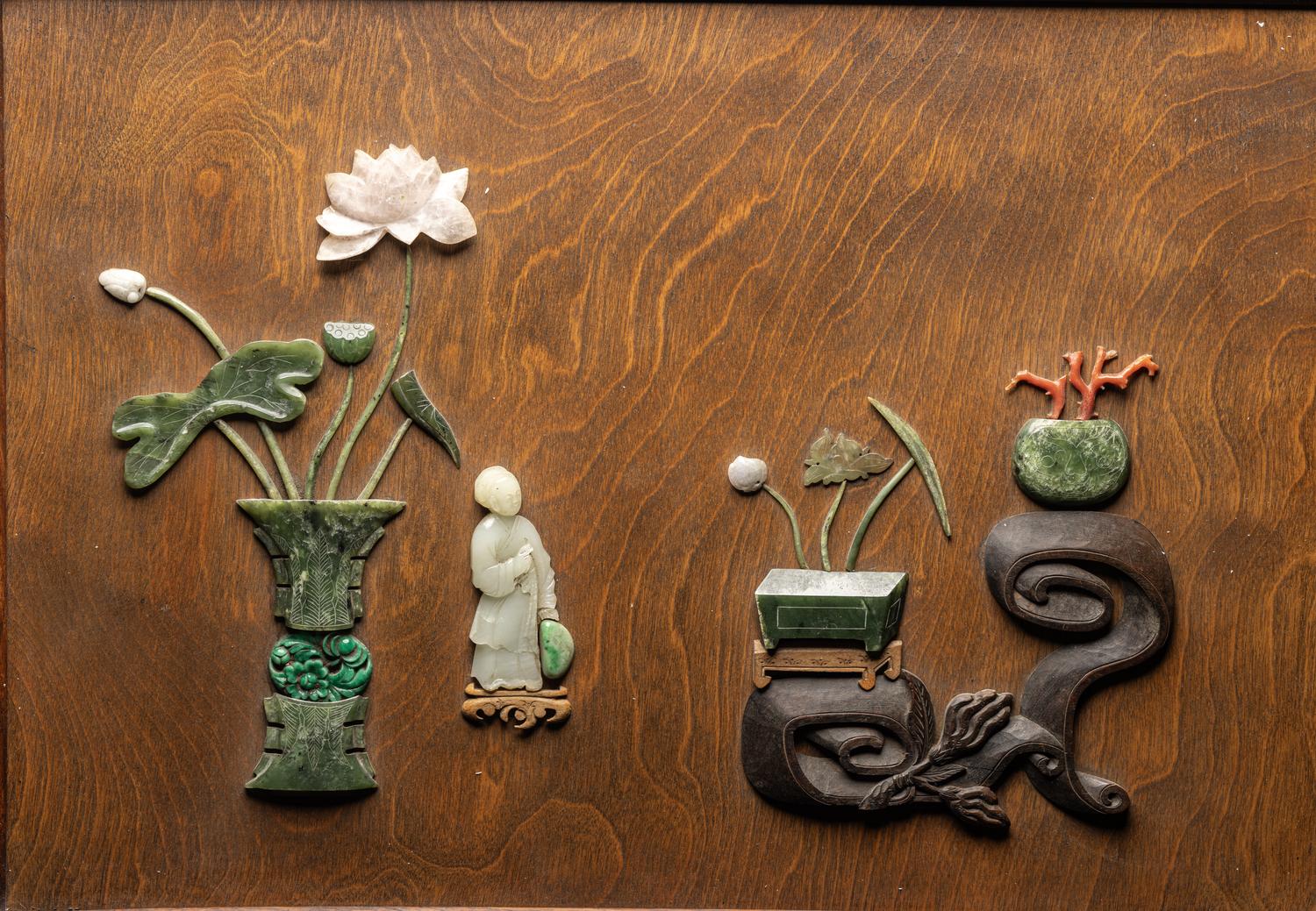 A Chinese Jade, Jadeite and Hardstone Inset Hardwood Table Screen