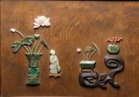 A Chinese Jade, Jadeite and Hardstone Inset Hardwood Table Screen