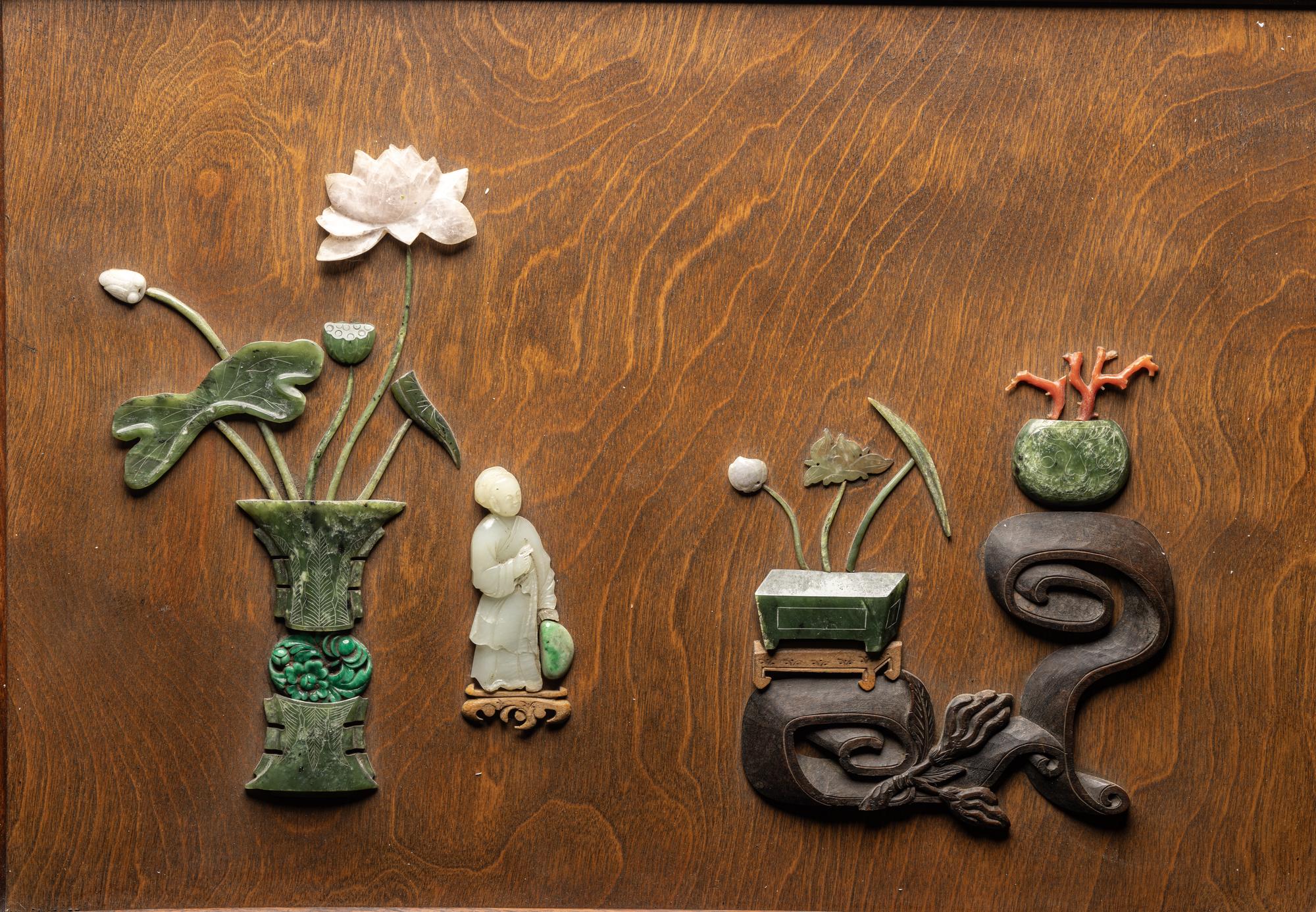A Chinese Jade, Jadeite and Hardstone Inset Hardwood Table Screen