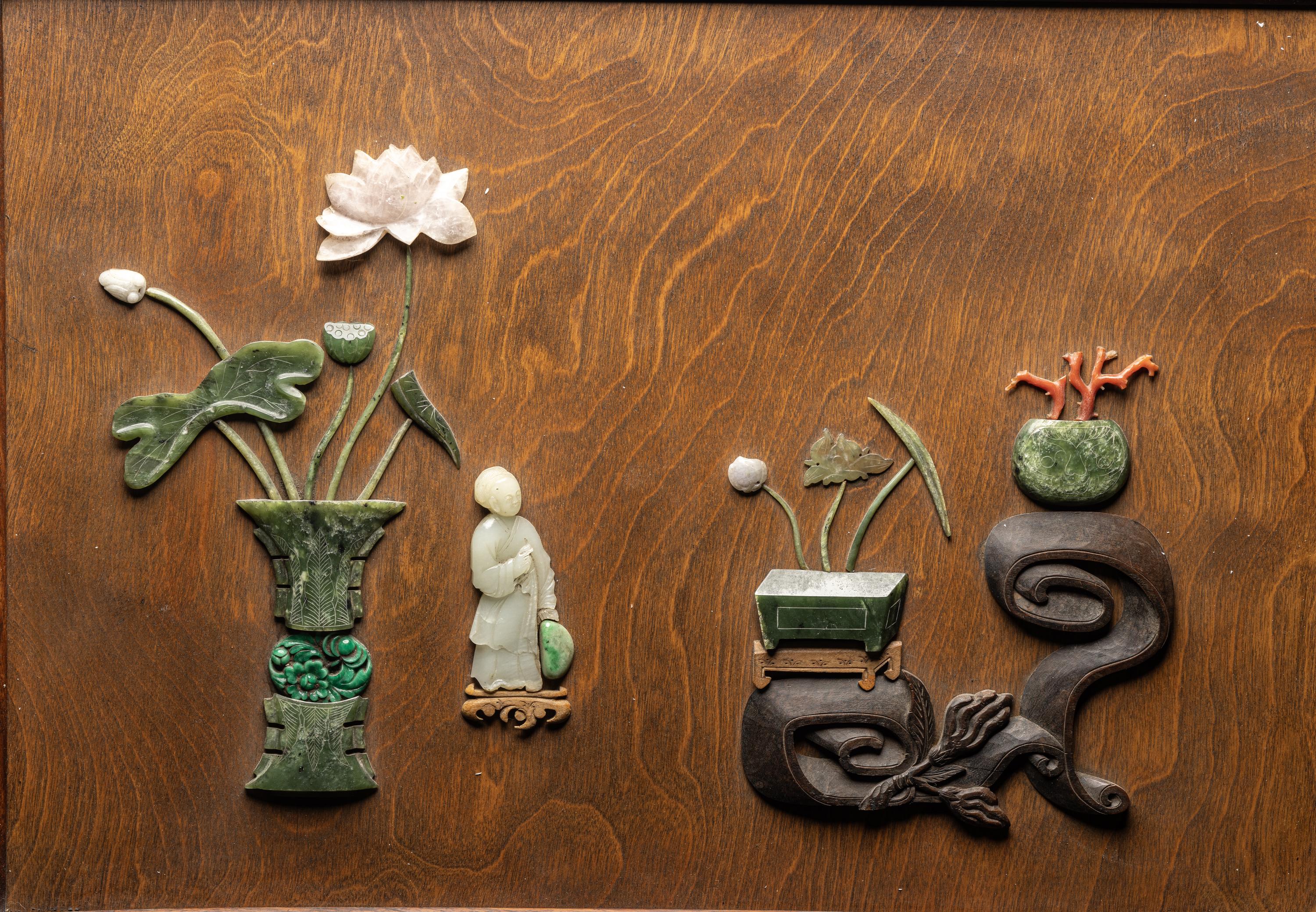 A Chinese Jade, Jadeite and Hardstone Inset Hardwood Table Screen