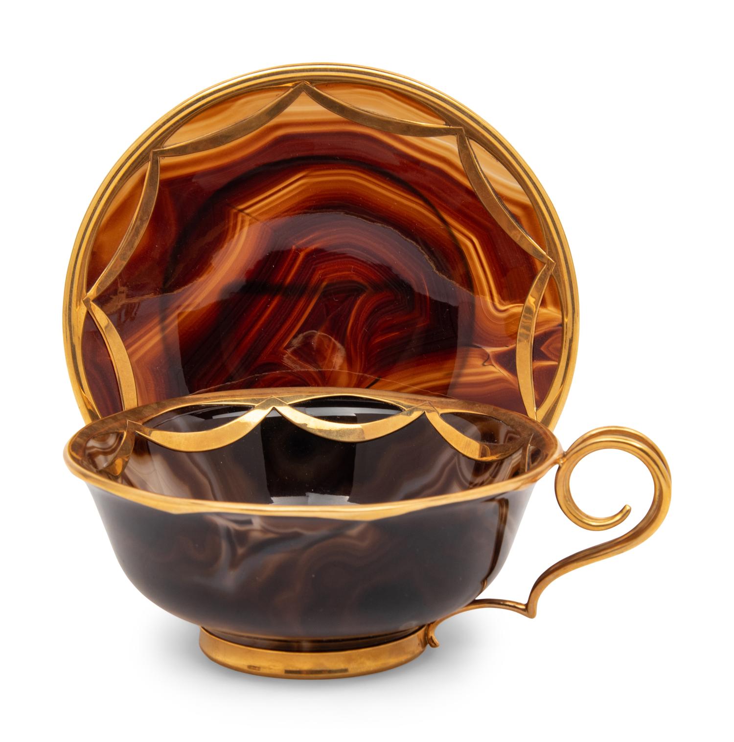 A Set of Six 18-Karat Gold Mounted Agate Cups and Saucers