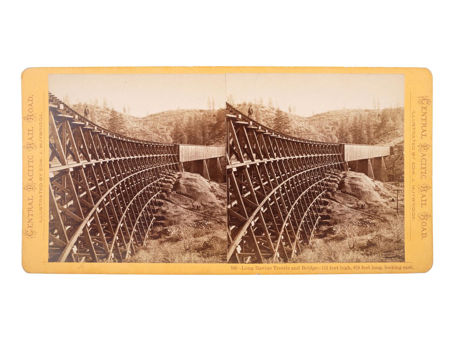 [WESTERN AMERICANA] -- [RAILROAD]. MUYBRIDGE, Eadweard J. (1830-1904), photographer. Long Ravine Trestle and Bridge - 113 feet high, 878 feet long, looking east . San Francisco, CA: Bradley & Rulofson, ca 1870s.