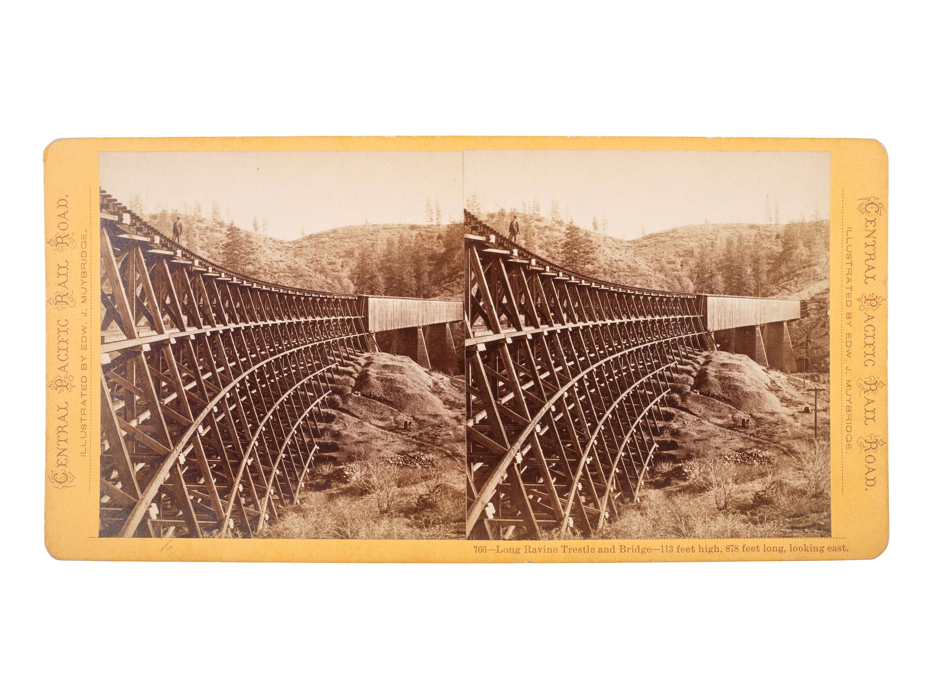 [WESTERN AMERICANA] -- [RAILROAD]. MUYBRIDGE, Eadweard J. (1830-1904), photographer. Long Ravine Trestle and Bridge - 113 feet high, 878 feet long, looking east . San Francisco, CA: Bradley & Rulofson, ca 1870s.