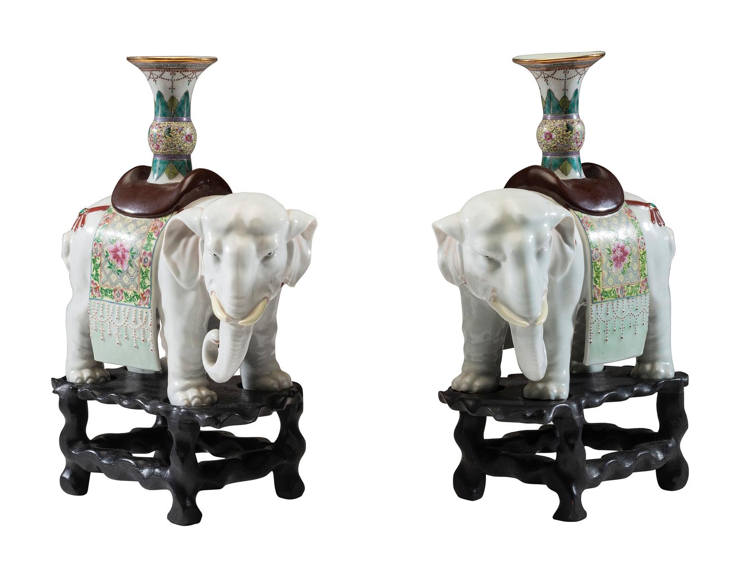 A Pair of Chinese Export Porcelain Elephant Candlesticks