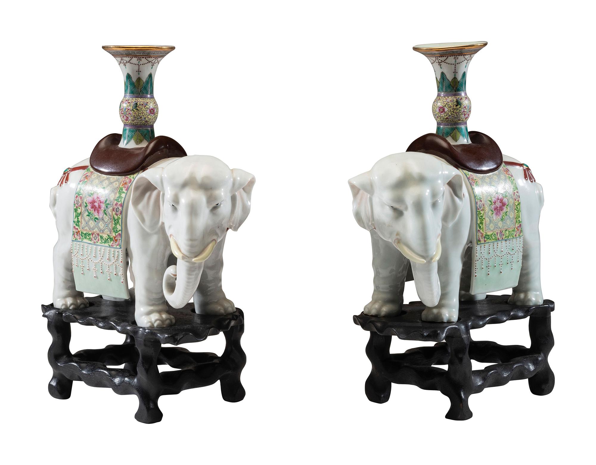 A Pair of Chinese Export Porcelain Elephant Candlesticks