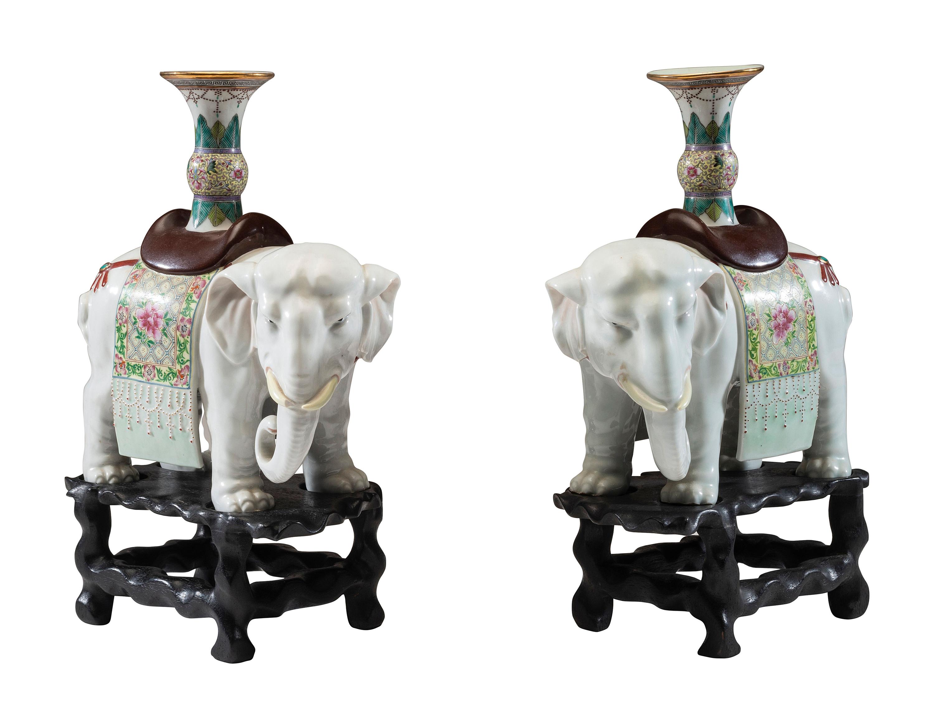A Pair of Chinese Export Porcelain Elephant Candlesticks