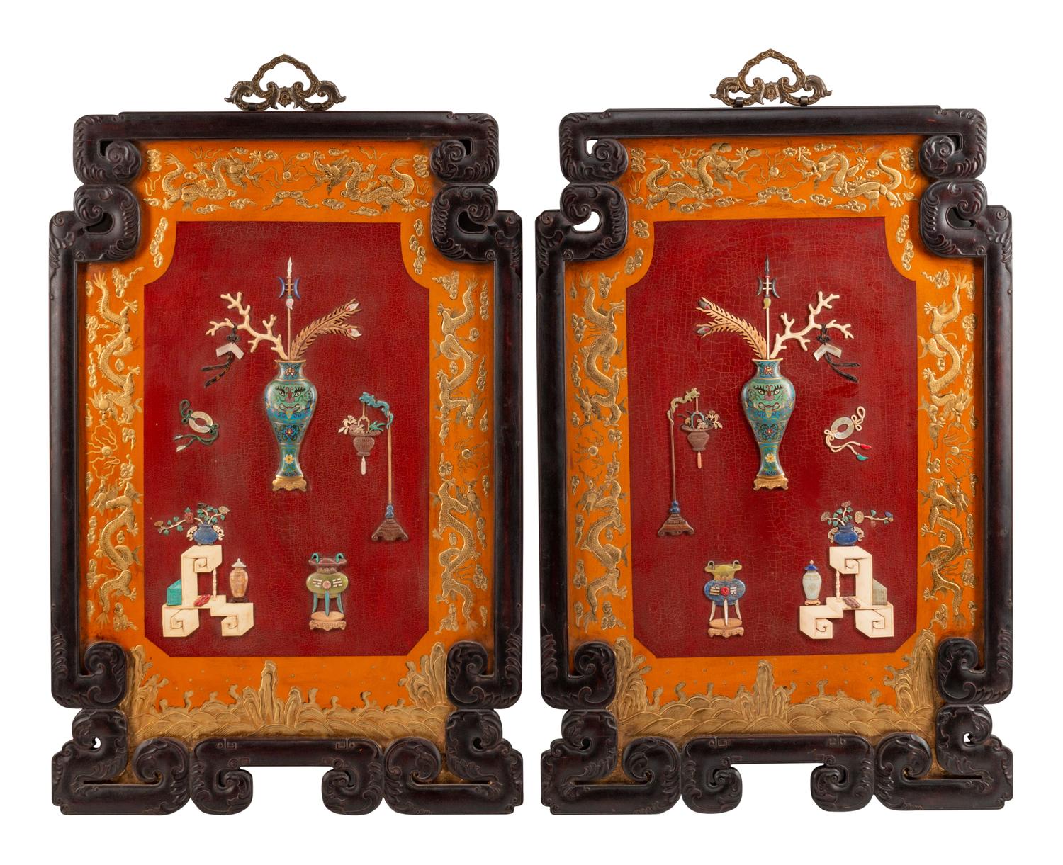 A Pair of Chinese Hardstone and Bone-Mounted Lacquer Panels