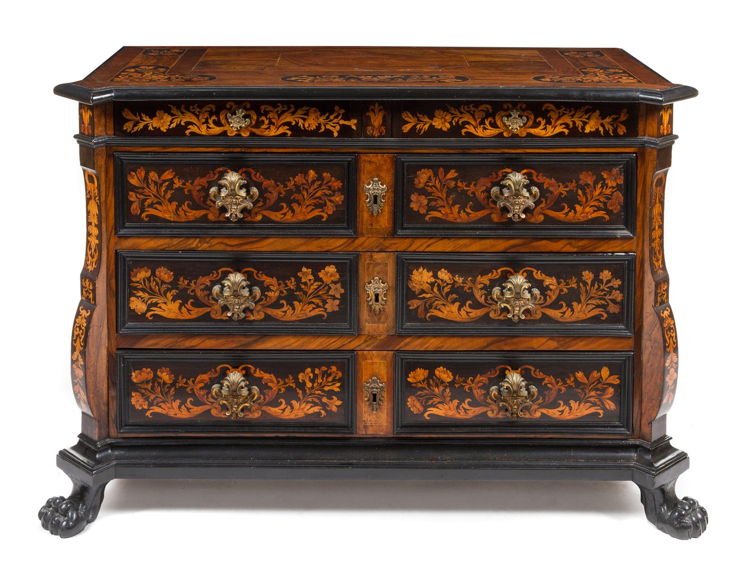 An Italian Baroque Walnut and Marquetry Chest of Drawers Height 39 1/2 x width 58 x depth 27 inches. — 17TH CENTURY