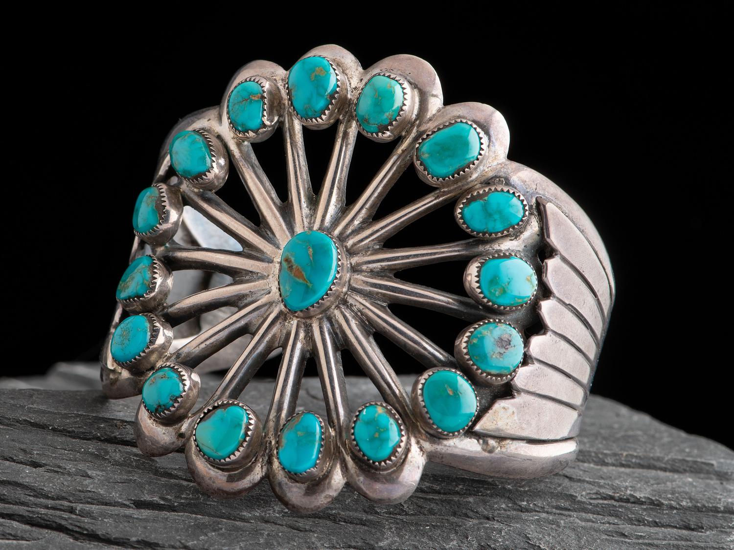 Navajo Sandcast Sterling Silver and Turquoise Cluster Cuff Bracelet