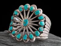 Navajo Sandcast Sterling Silver and Turquoise Cluster Cuff Bracelet