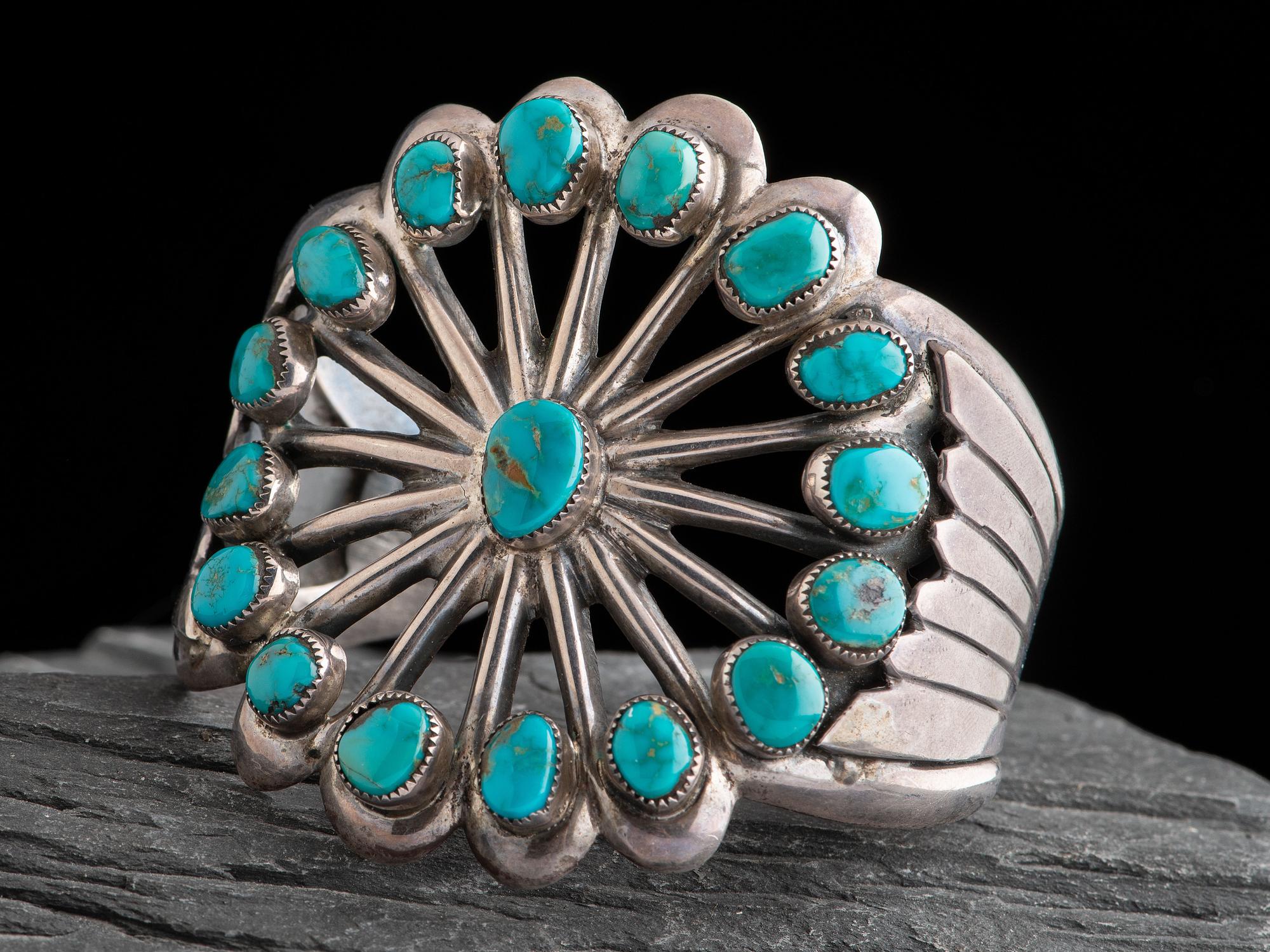 Navajo Sandcast Sterling Silver and Turquoise Cluster Cuff Bracelet