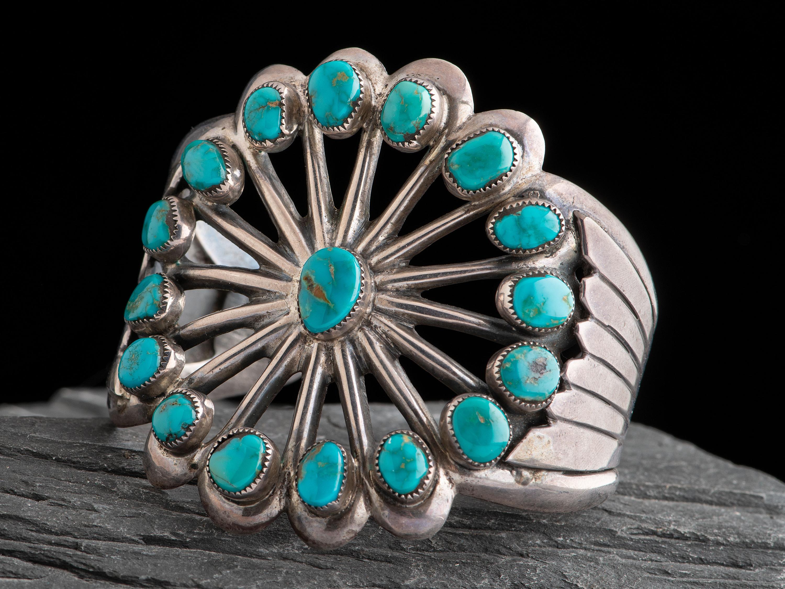 Navajo Sandcast Sterling Silver and Turquoise Cluster Cuff Bracelet