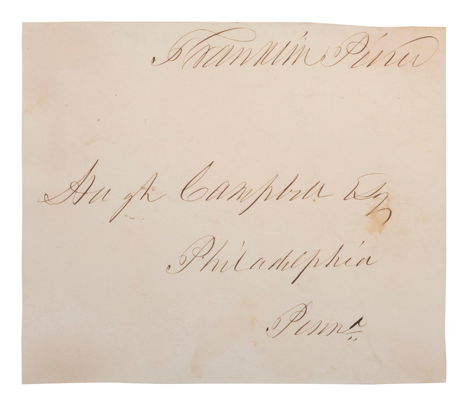 PIERCE, Franklin (1804-1869). Address panel with autograph free frank signed ("Franklin Pierce"). Addressed to Hugh Campbell Esq., Philadelphia, PA.