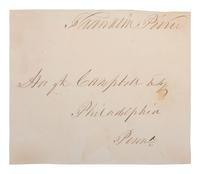 PIERCE, Franklin (1804-1869). Address panel with autograph free frank signed ("Franklin Pierce"). Addressed to Hugh Campbell Esq., Philadelphia, PA.