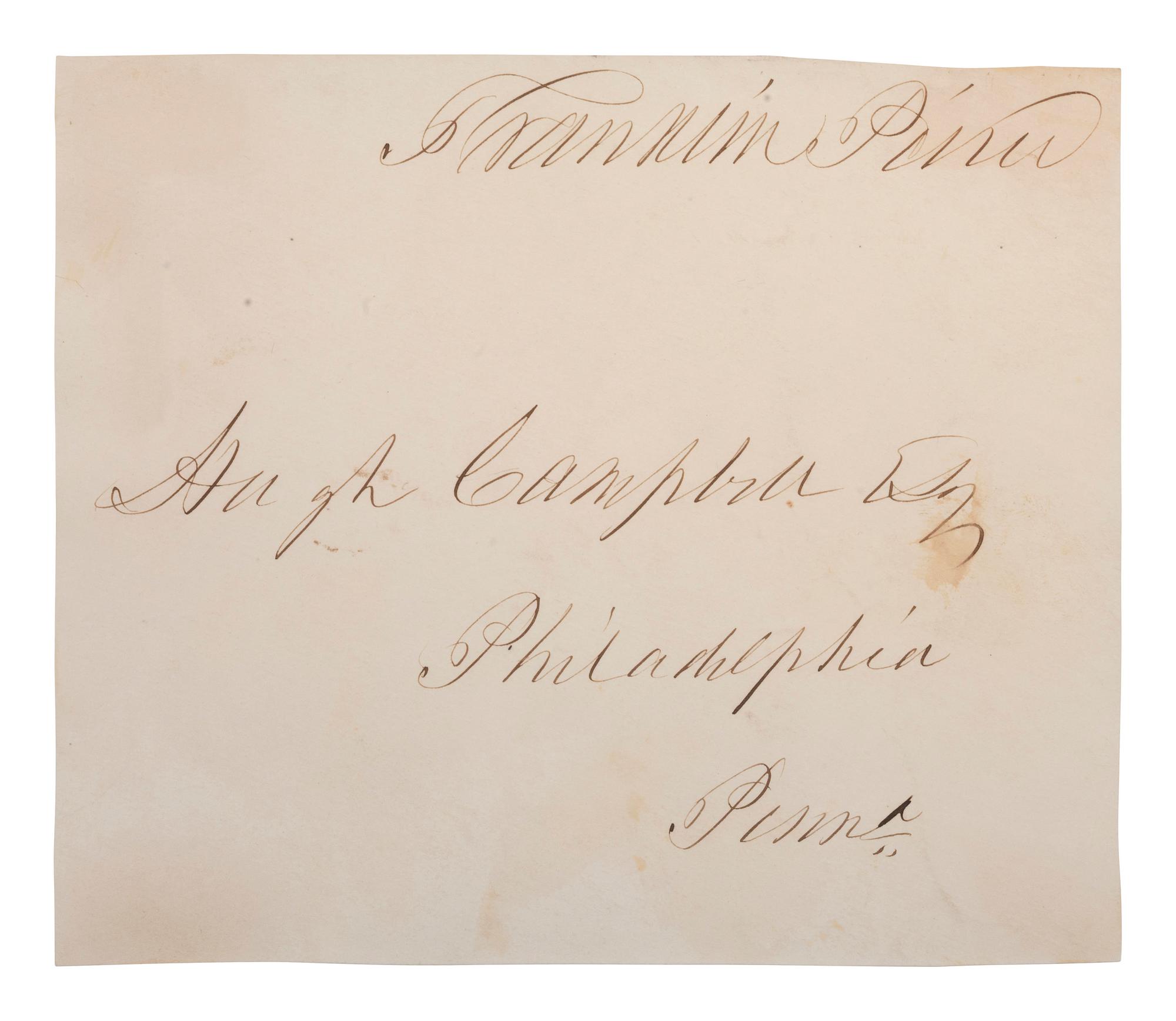 PIERCE, Franklin (1804-1869). Address panel with autograph free frank signed ("Franklin Pierce"). Addressed to Hugh Campbell Esq., Philadelphia, PA.