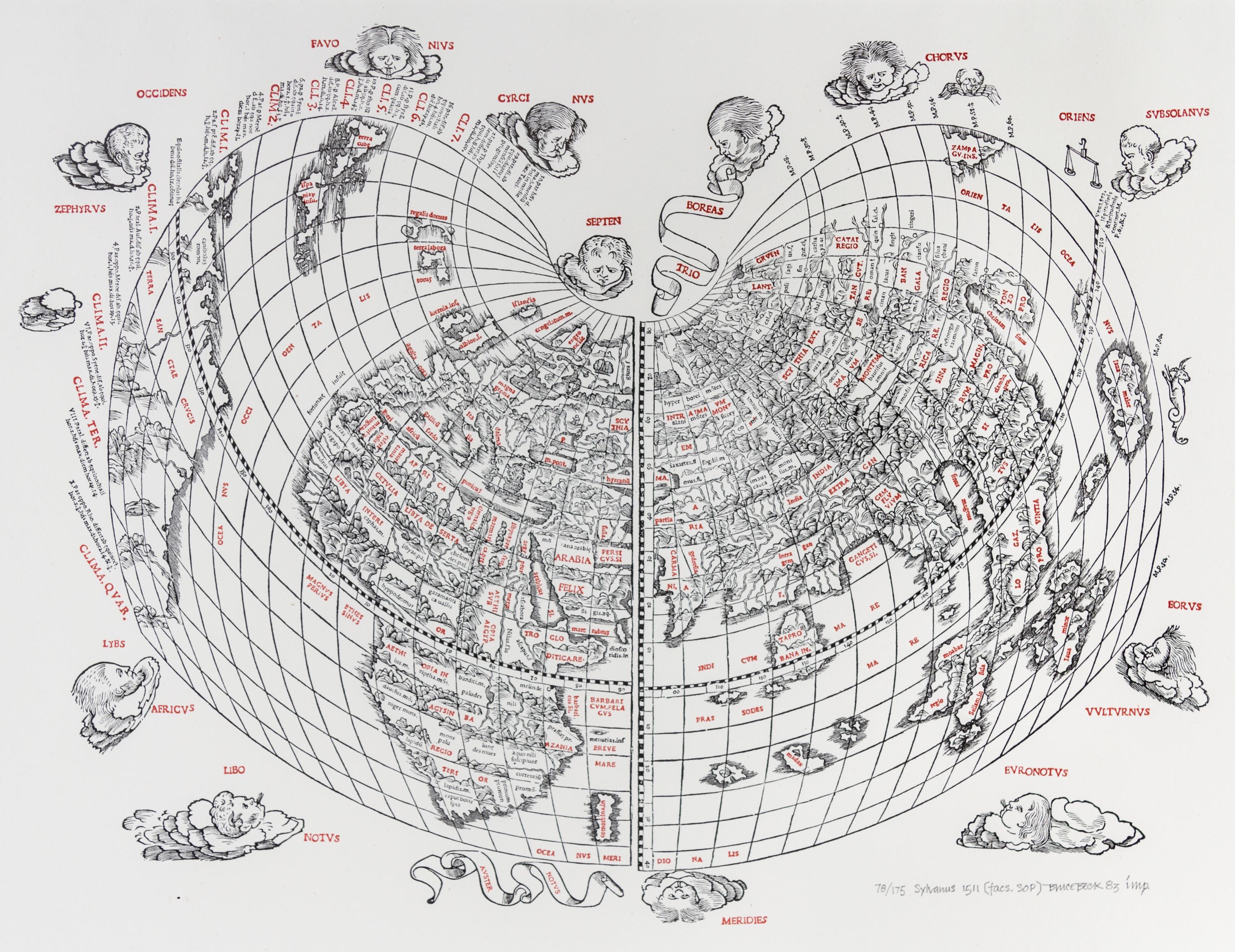 (MAP) FACSIMILE WORLD MAPS. Group of two proof plates of early woodcut World maps. Late 20th century.