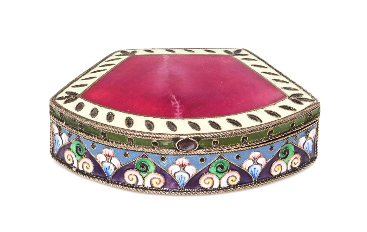 A Russian Jeweled and Guilloche Enameled Silver Box, Grigory Solomonov, Moscow, 1908-1926, of rounded trapezoidal form, the base with i
