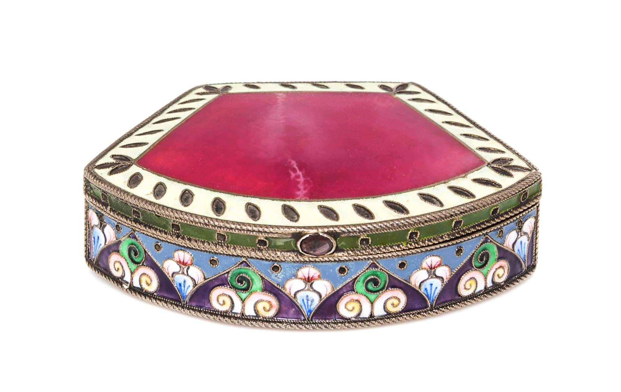 A Russian Jeweled and Guilloche Enameled Silver Box, Grigory Solomonov, Moscow, 1908-1926, of rounded trapezoidal form, the base with i