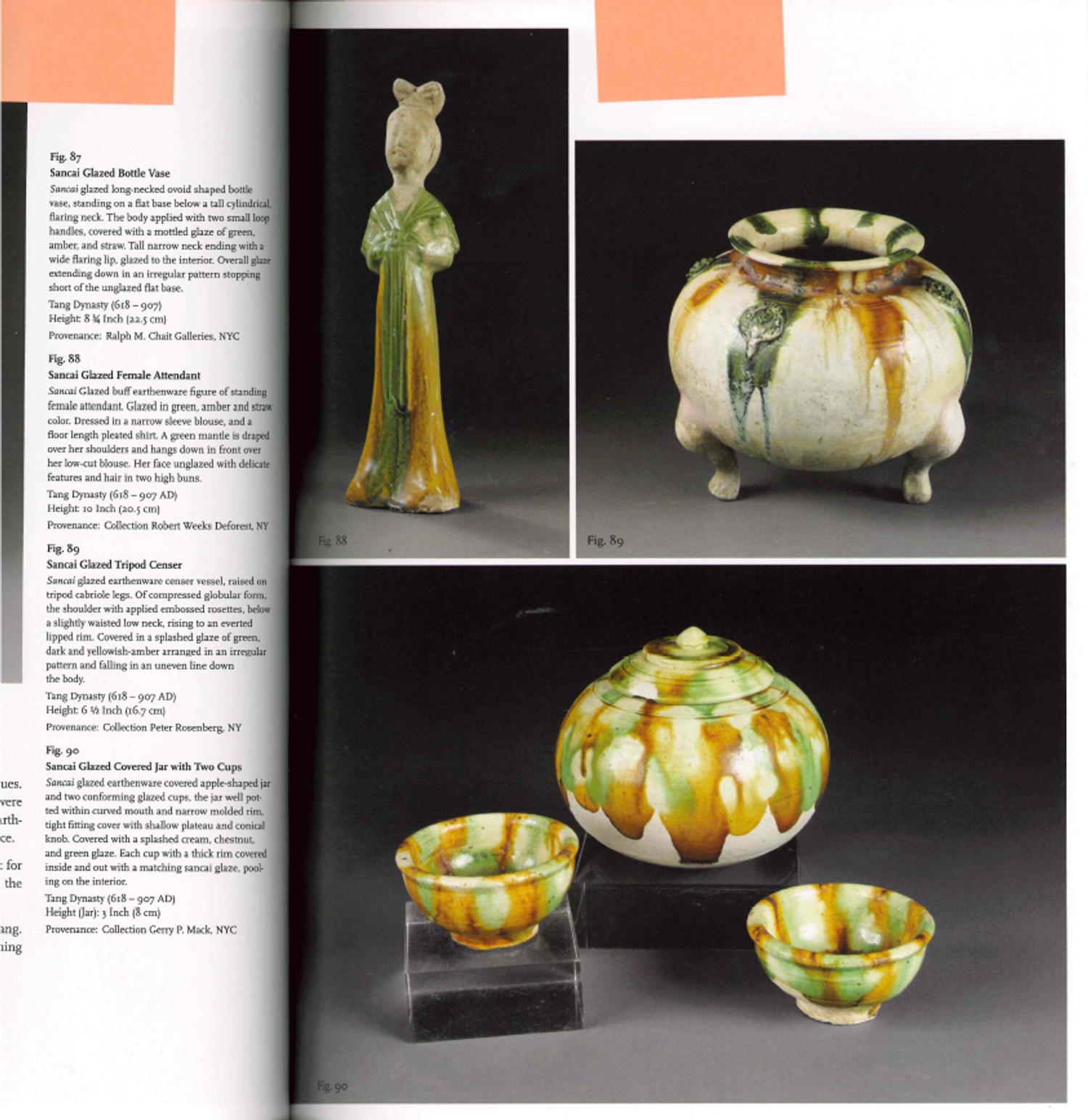 A Chinese Sancai Glazed Tripod Censer, Tang Dynasty 唐 三彩貼塑三足罐