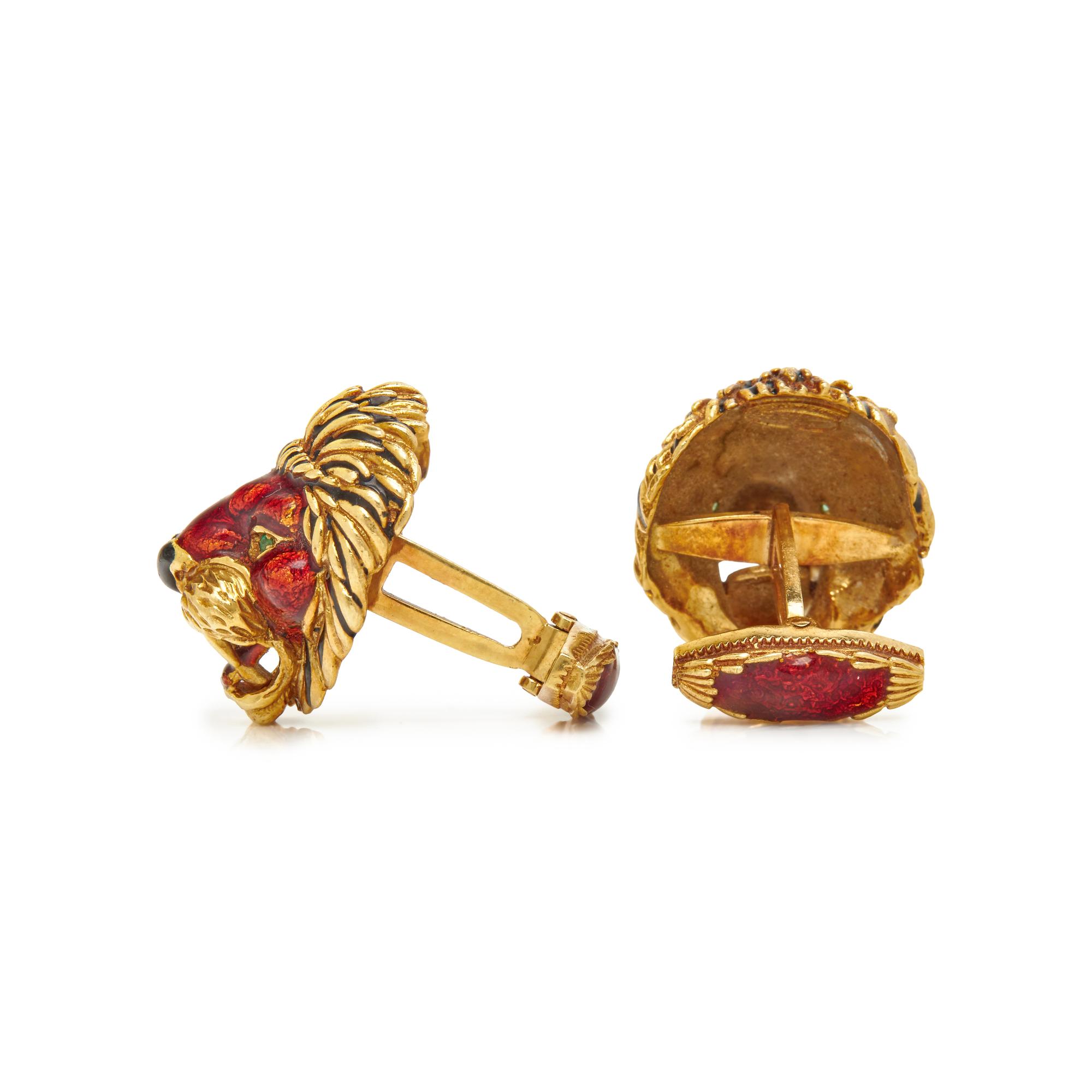 YELLOW GOLD, ENAMEL, AND EMERALD LION CUFFLINKS