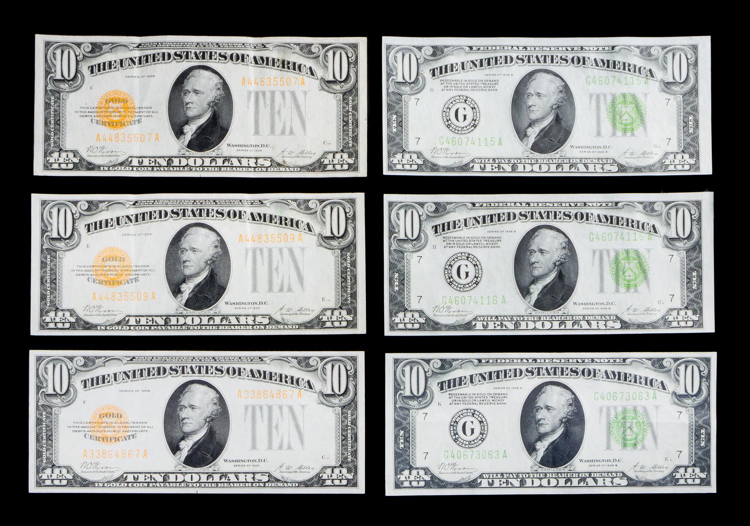 A Group of Six 1928 United States $10 Notes
