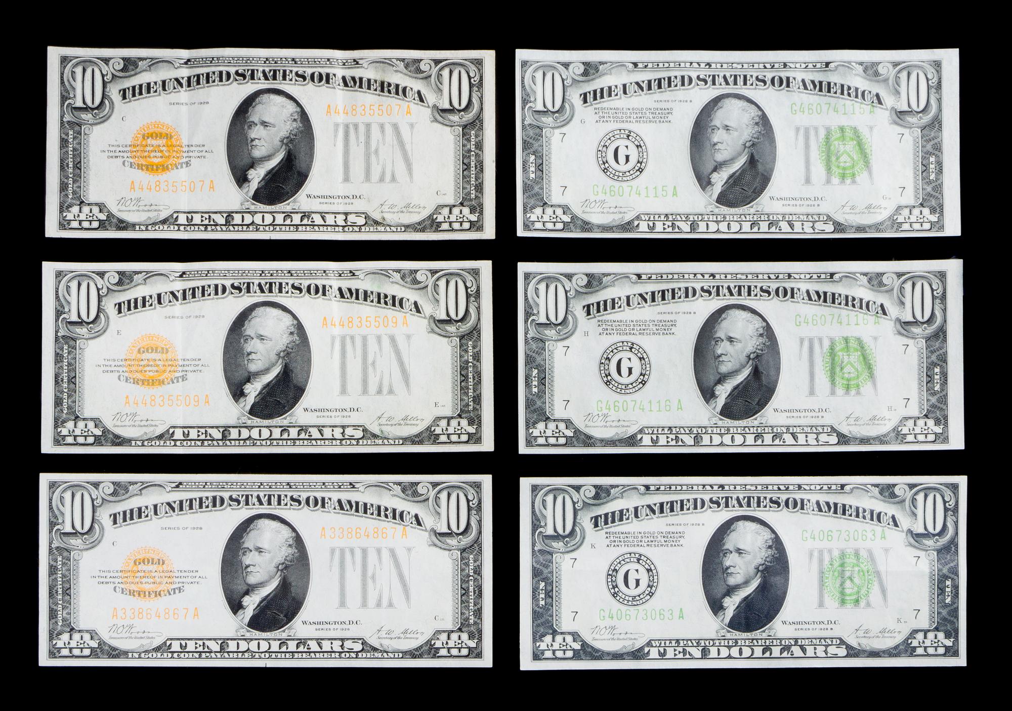 A Group of Six 1928 United States $10 Notes