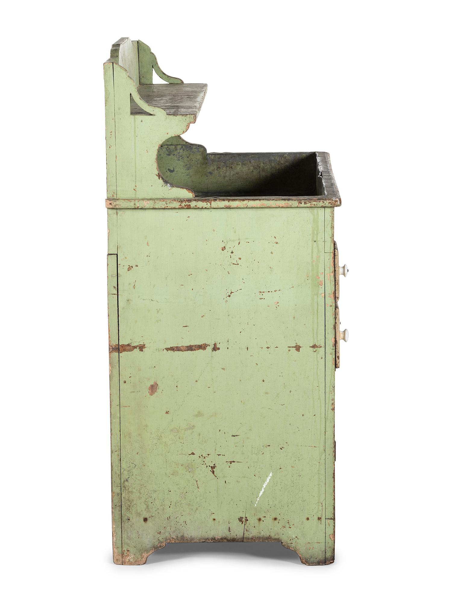 A Country Green and White Painted Tin-Lined Dry Sink