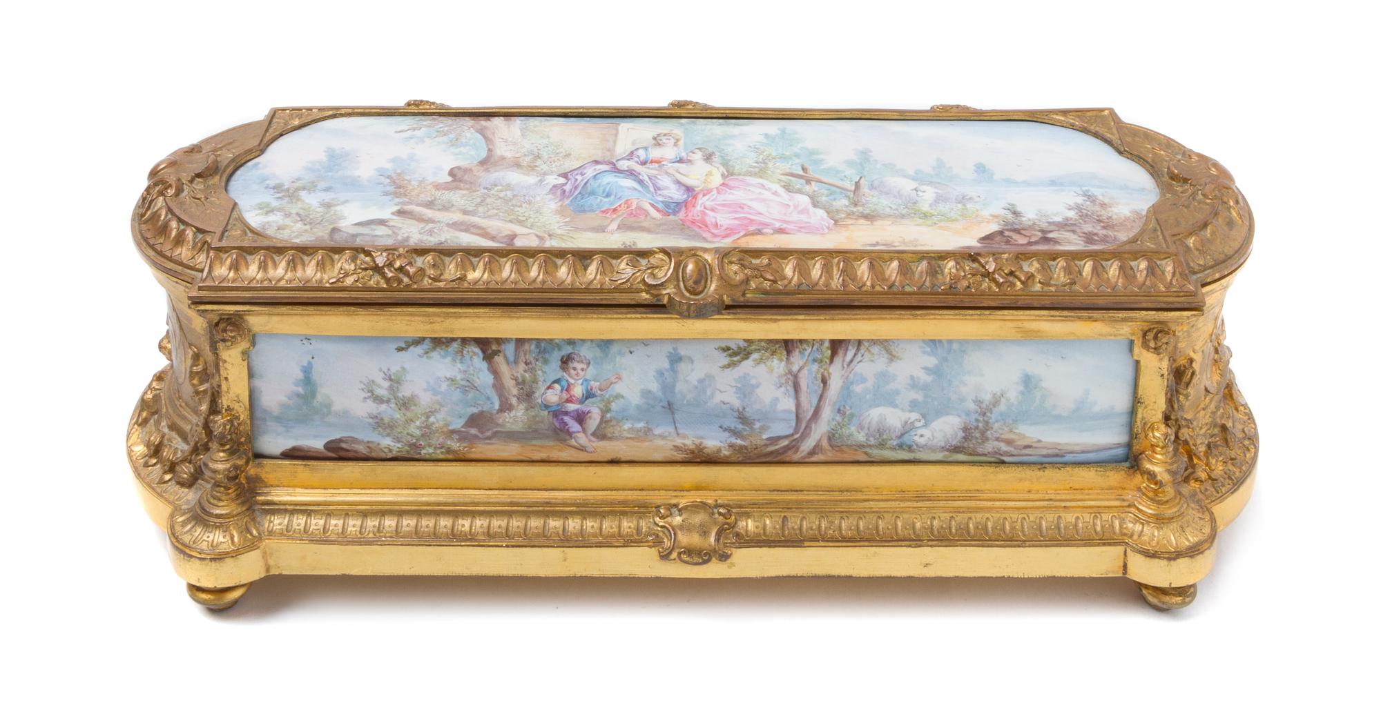A French Gilt Bronze and Enameled Copper Table Casket Width 13 inches. — 19th CENTURY