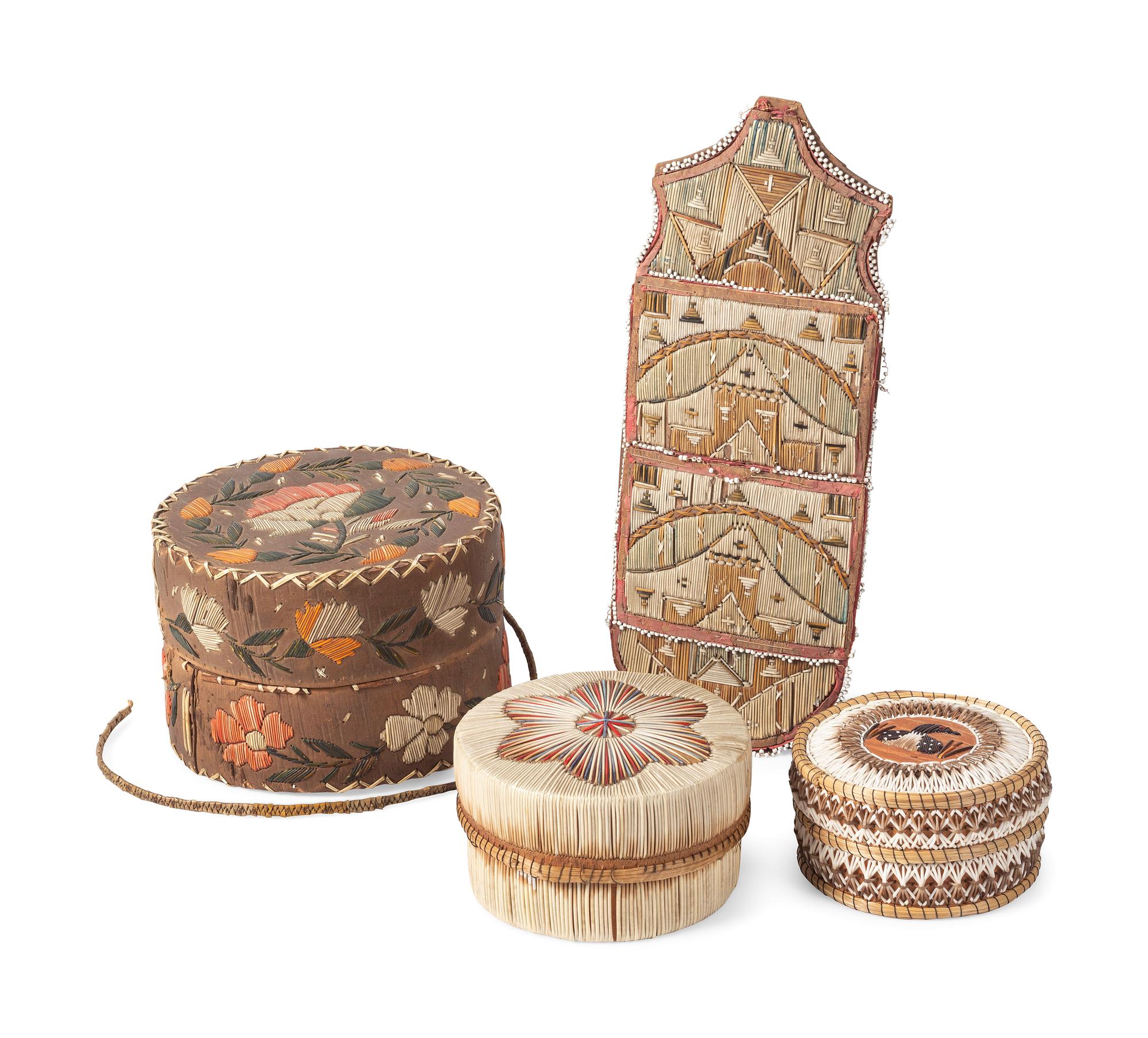 Great Lakes Quilled Birchbark Baskets and Wall Pocket