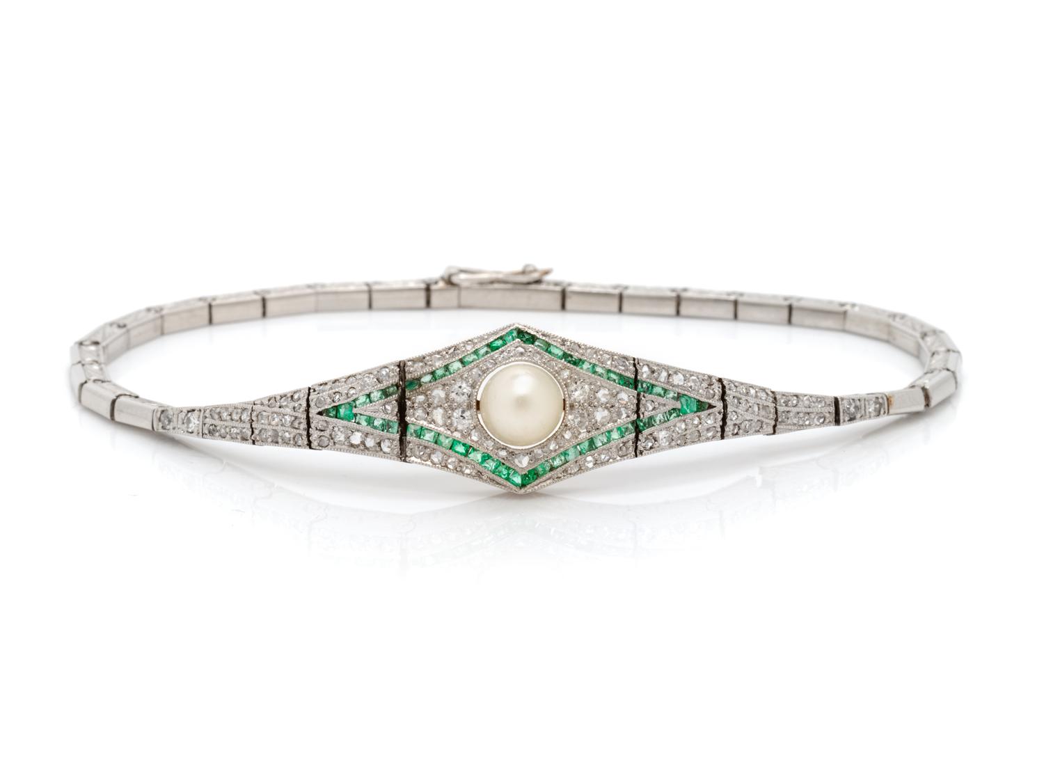 DIAMOND, EMERALD AND CULTURED PEARL BRACELET