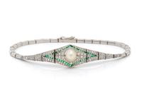 DIAMOND, EMERALD AND CULTURED PEARL BRACELET