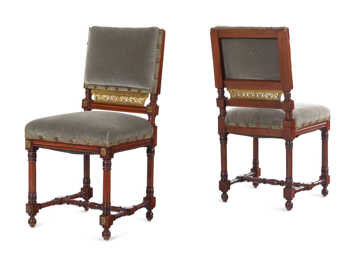 A Pair of Continental Gilt Bronze Mounted Walnut Side Chairs