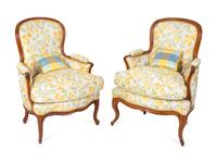 A Pair of Louis XV Style Carved Walnut Bergeres — 19TH CENTURY