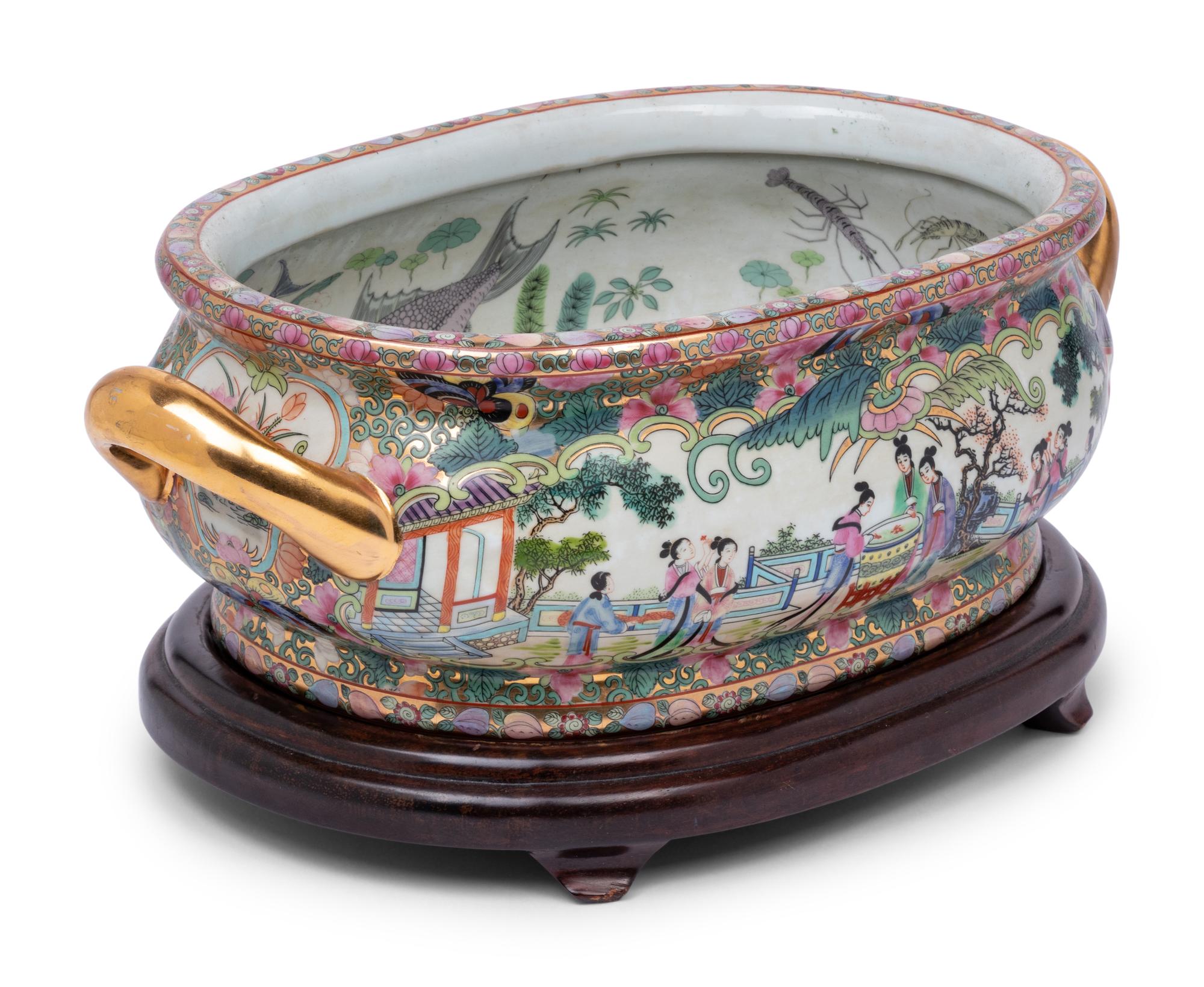 A Chinese Export Porcelain Jardiniere and Wood Stand