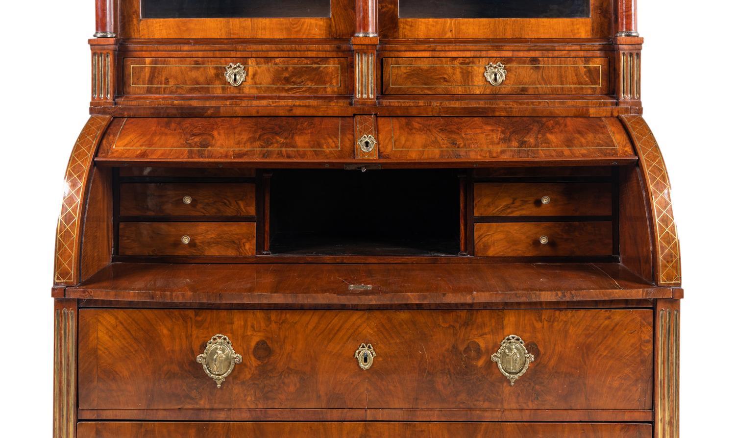 A Russian Neoclassical Brass-Inlaid Walnut Bureau Bookcase