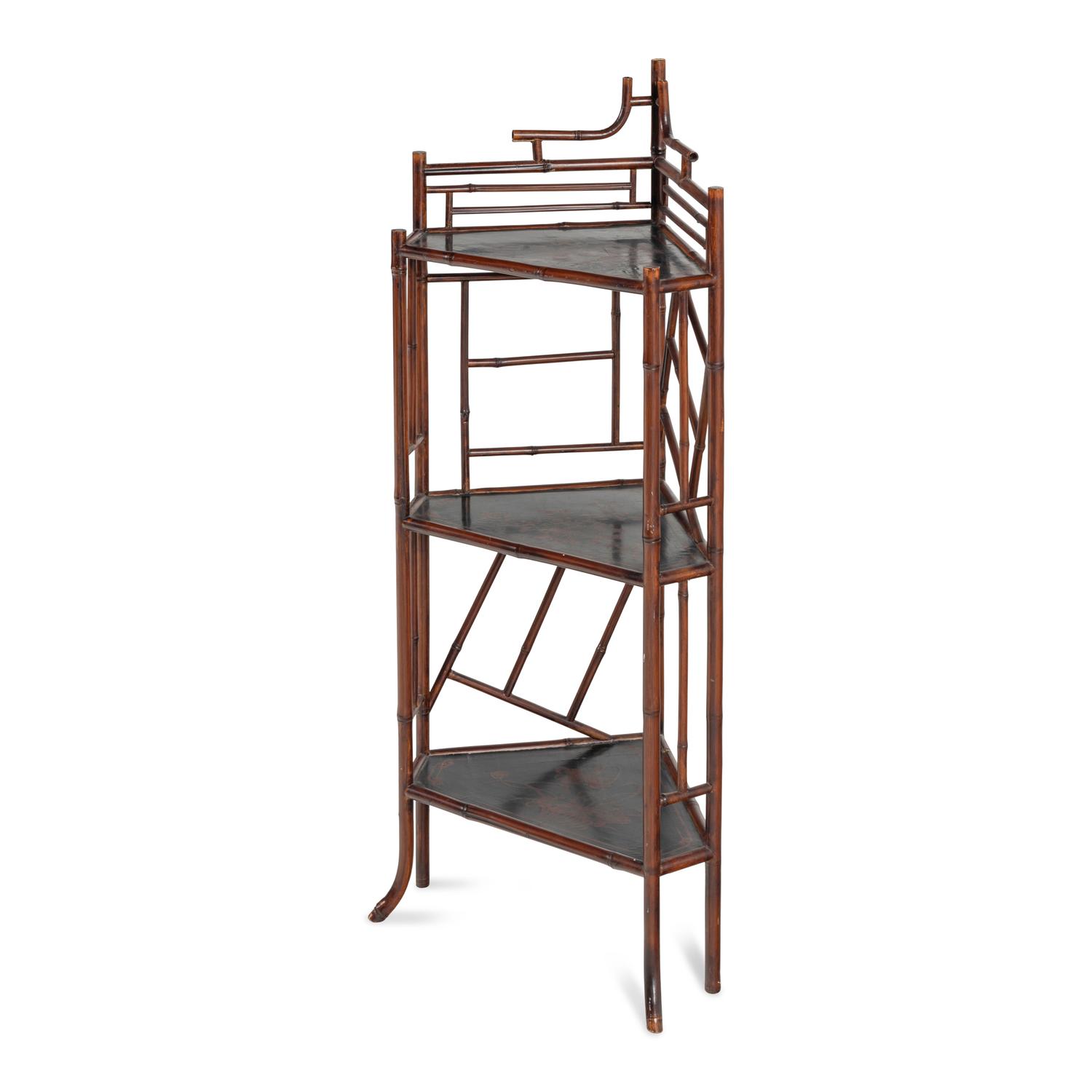 An English Faux Bamboo and Lacquer Etagere