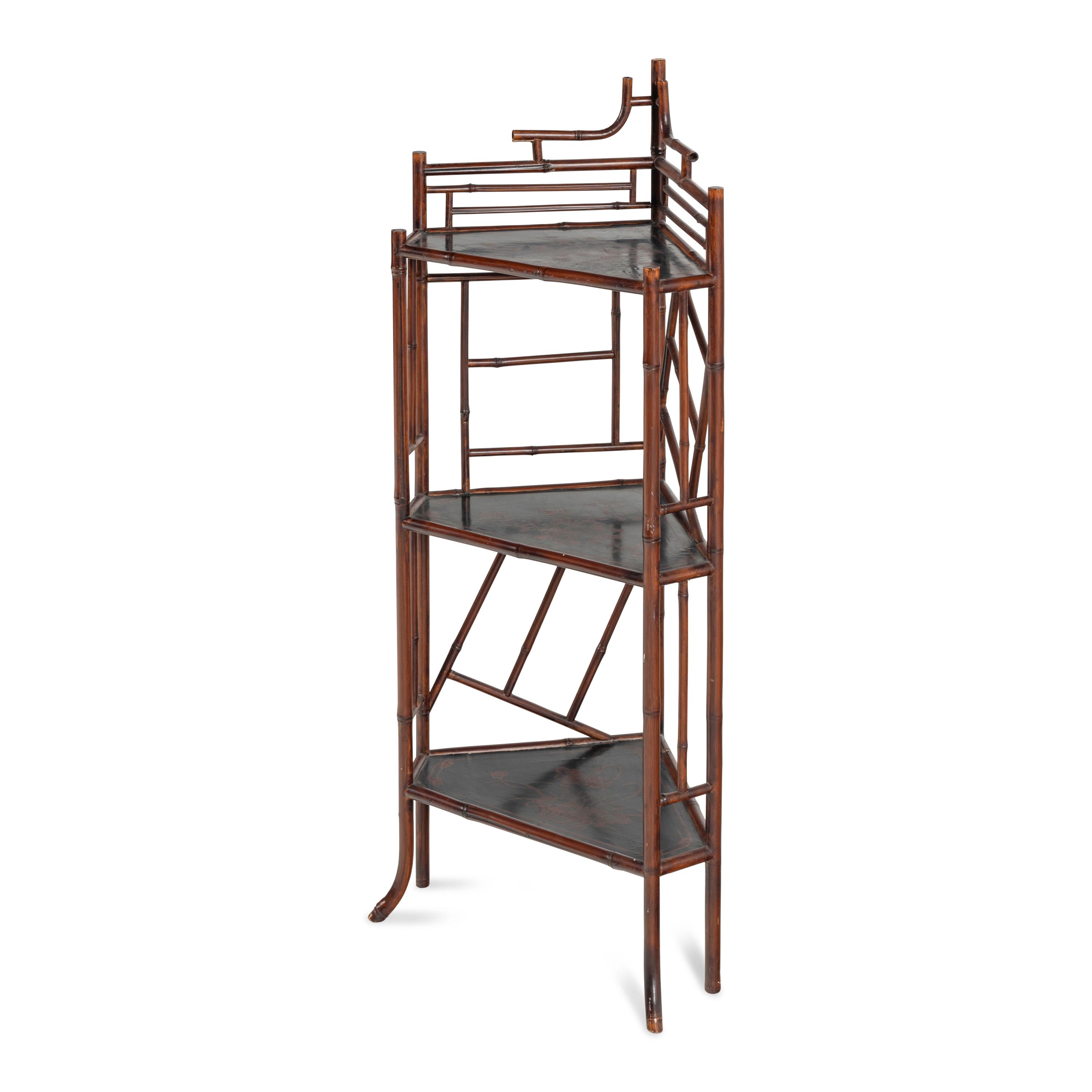 An English Faux Bamboo and Lacquer Etagere