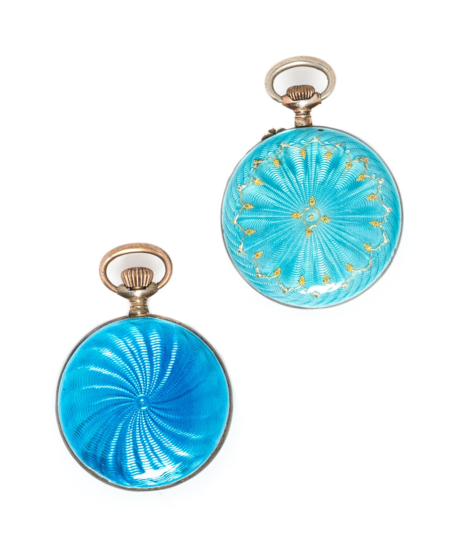 A Collection of Silver and Guilloche Enamel Open Face Pendant Watches, 27.90 dwts.