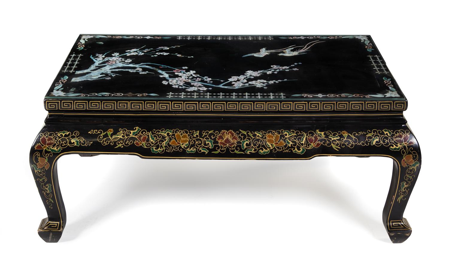 A Chinese Mother-of-Pearl Inlaid Black Lacquered Wood Coffee Table Height 17 3/4 x width 43 x depth 26 inches. — 20TH CENTURY