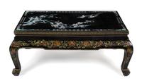 A Chinese Mother-of-Pearl Inlaid Black Lacquered Wood Coffee Table Height 17 3/4 x width 43 x depth 26 inches. — 20TH CENTURY