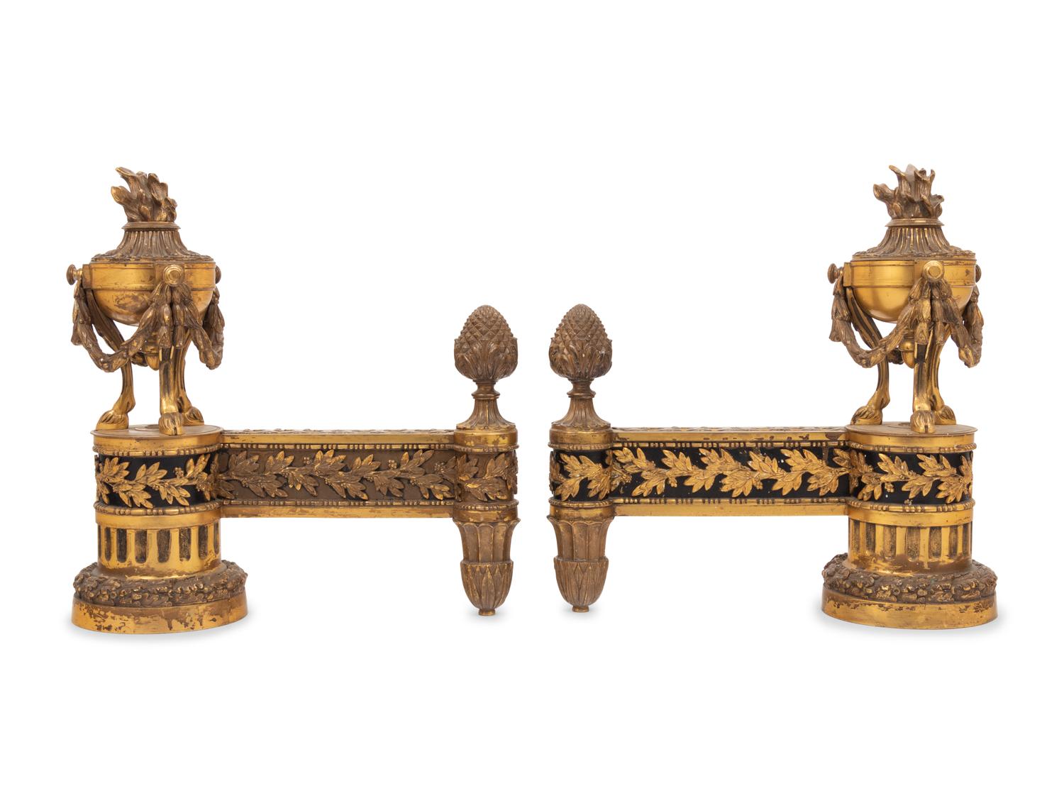 A Pair of Louis XVI Style Gilt Bronze Chenets