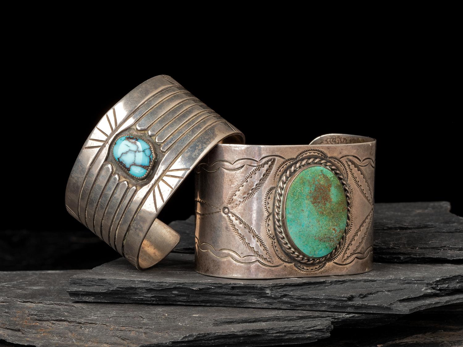 Navajo Wide Silver and Turquoise Cuff Bracelets