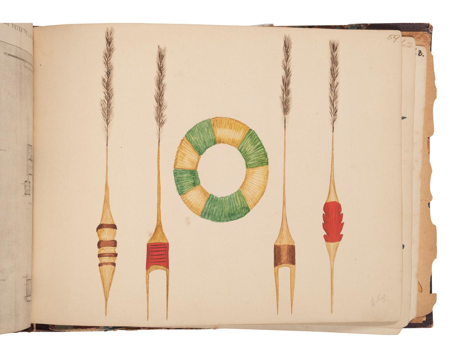 [NATIVE AMERICAN] -- [GOLD RUSH]. An album of watercolor drawings by prospector George V. Storkey (ca 1867-1942) depicting British Columbian Indigenous objects, likely related to the Nlaka’pamux, ca late 1890s-early 1900s.