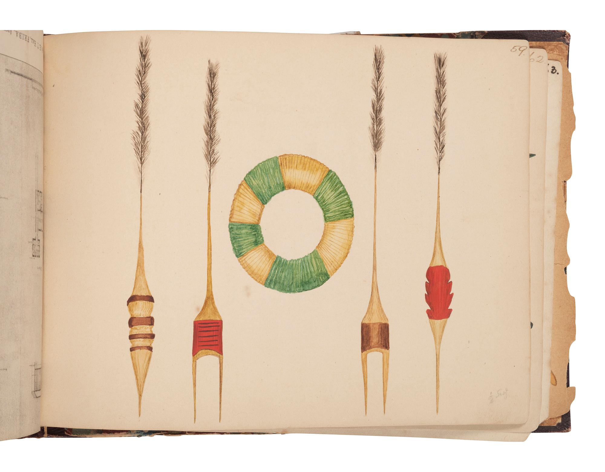 [NATIVE AMERICAN] -- [GOLD RUSH]. An album of watercolor drawings by prospector George V. Storkey (ca 1867-1942) depicting British Columbian Indigenous objects, likely related to the Nlaka’pamux, ca late 1890s-early 1900s.