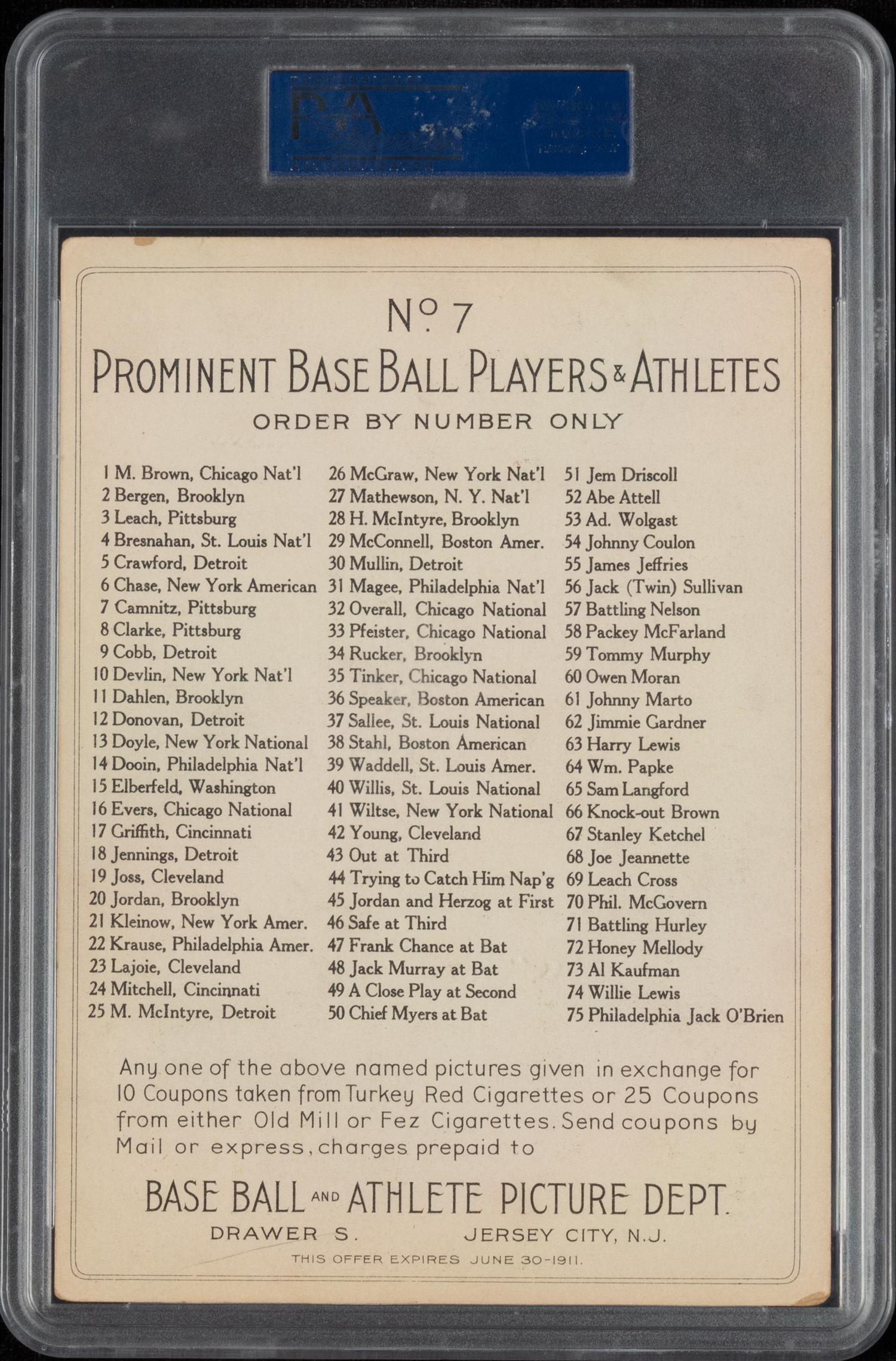 A 1911 T3 Turkey Red Cabinets Howie Camnitz Baseball Card (PSA 4 VG-EX) Checklist Back