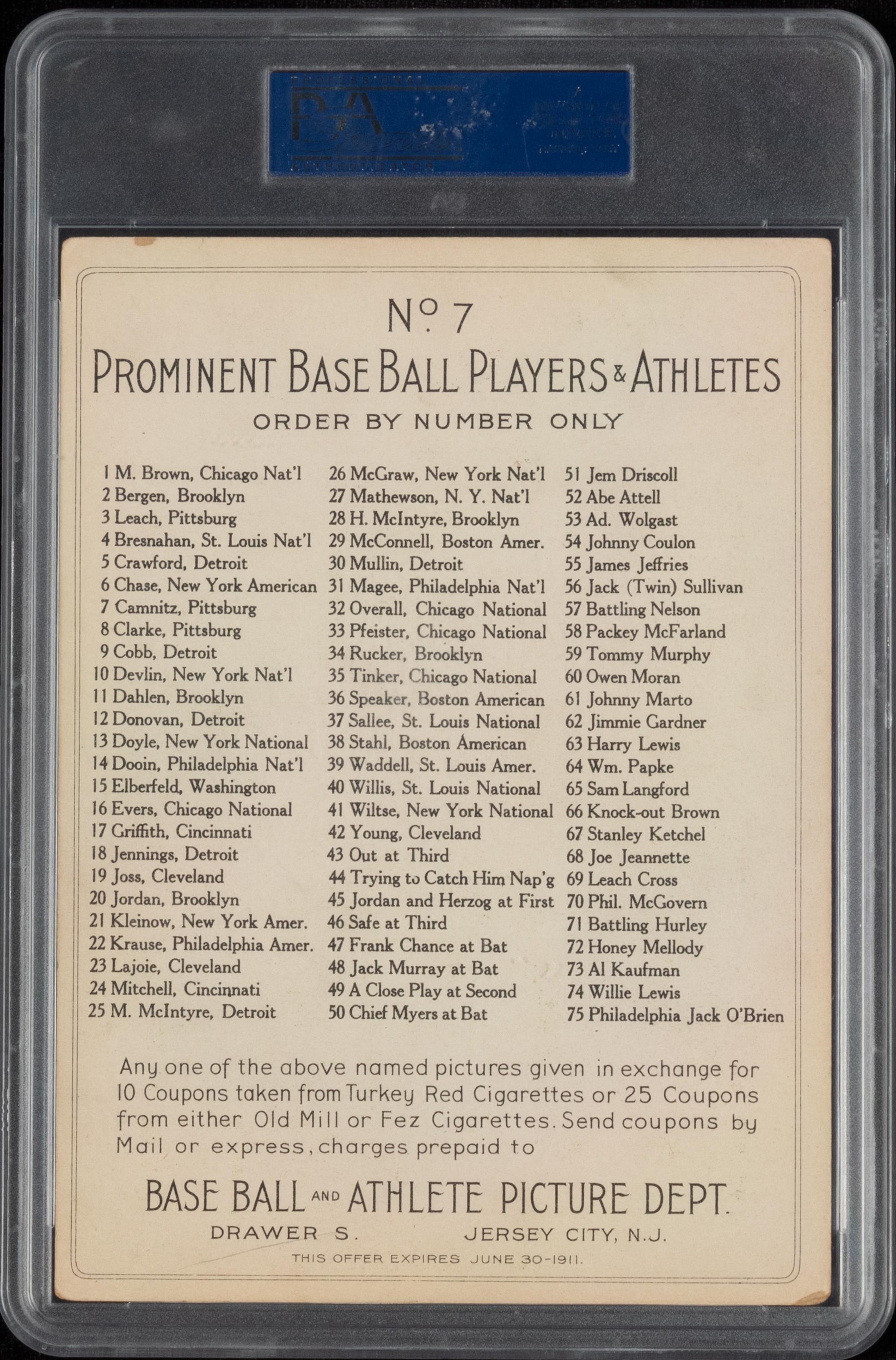 A 1911 T3 Turkey Red Cabinets Howie Camnitz Baseball Card (PSA 4 VG-EX) Checklist Back