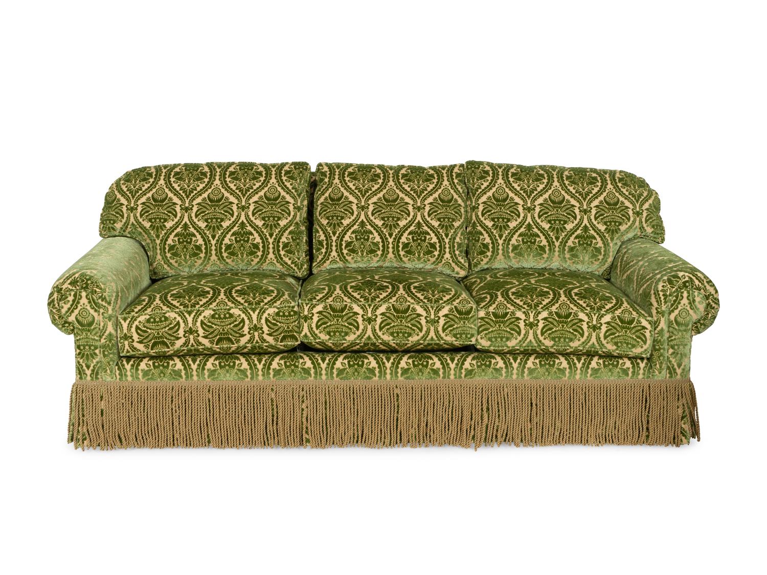 An E.J. Victor Cut Velvet Upholstered Sofa with Bullion Fringe